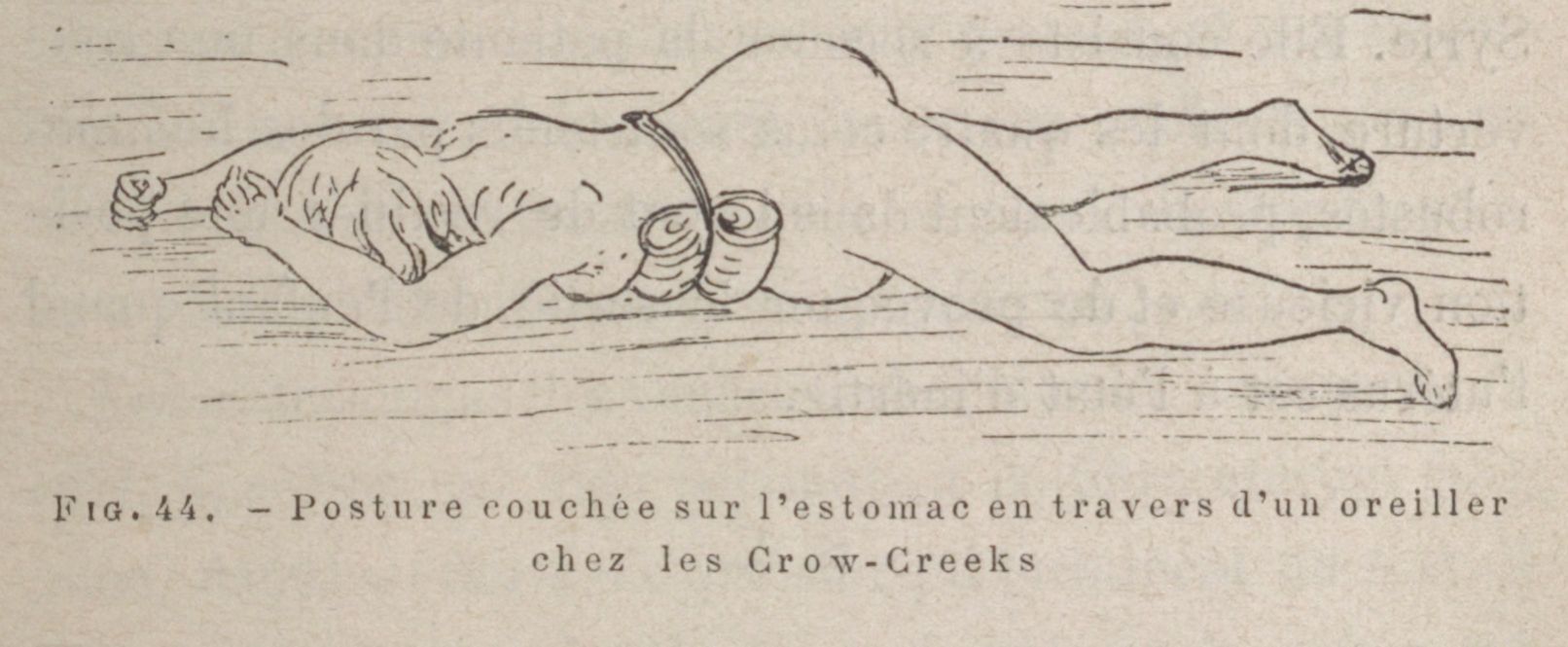 dessin accouchement posture couchée sur l'estomac en travers d'un oreiller chez les Crow-Creeks